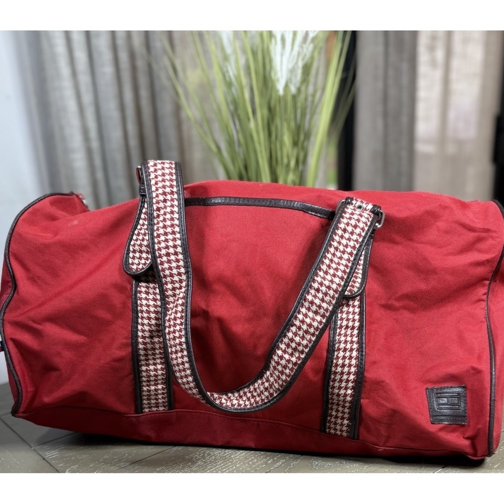 Vintage Tommy Hilfiger Red Tote‎ Duffle Bag houndstooth Straps 90s Fashion